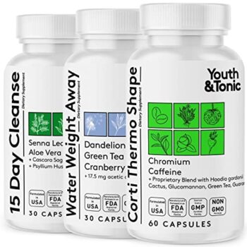 Sculpt Shred Cleanse Detox as 3x Action Diet Pills for Puffiness Belly Bloating & Loss of Waste, Energy & Metabolism with Corti-Thermo Shape + Water Pills + 15 Day Colon Cleanser | 120 capsules