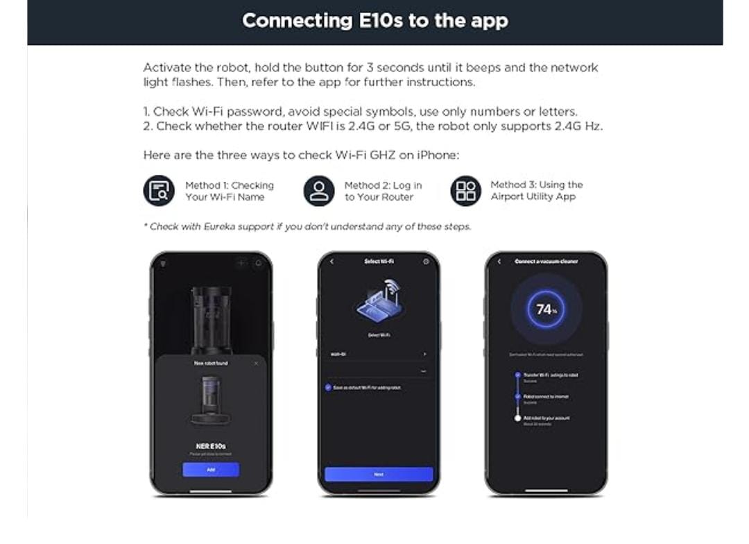 Steps for using Eureka E10s Robot Vacuum and Mop Combo featuring 4000Pa suction, HEPA filter, and LiDAR navigation for powerful cleaning on mixed surfaces.