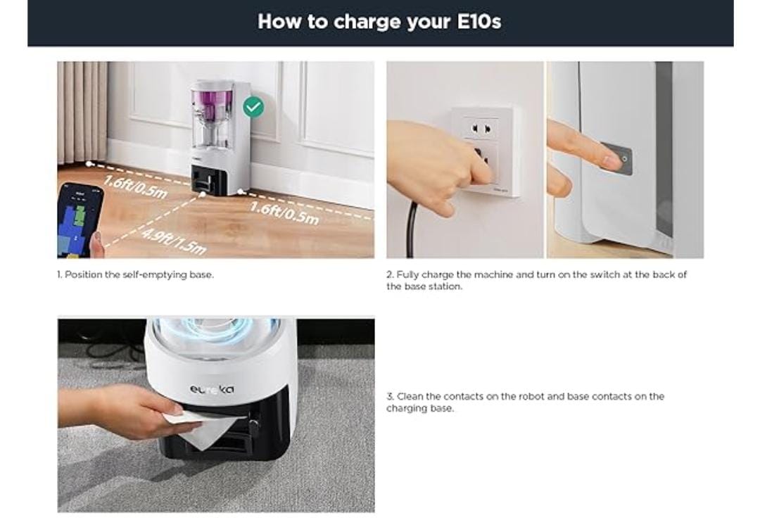 Steps for using Eureka E10s Robot Vacuum and Mop Combo featuring 4000Pa suction, HEPA filter, and LiDAR navigation for powerful cleaning on mixed surfaces.