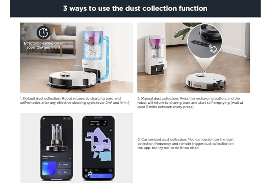 Steps for using Eureka E10s Robot Vacuum and Mop Combo featuring 4000Pa suction, HEPA filter, and LiDAR navigation for powerful cleaning on mixed surfaces.